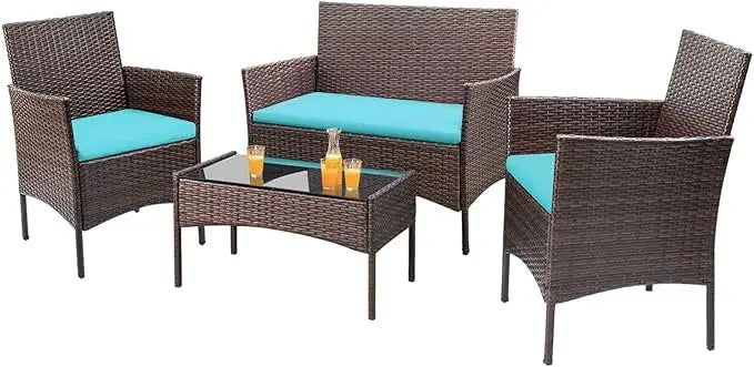 4 Pieces Outdoor Patio Furniture Sets Rattan Chair Wicker Set