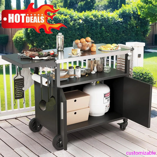 Outdoor Grill Cart with Storage, Table with Wheels, Pizza Oven Stand on wheels