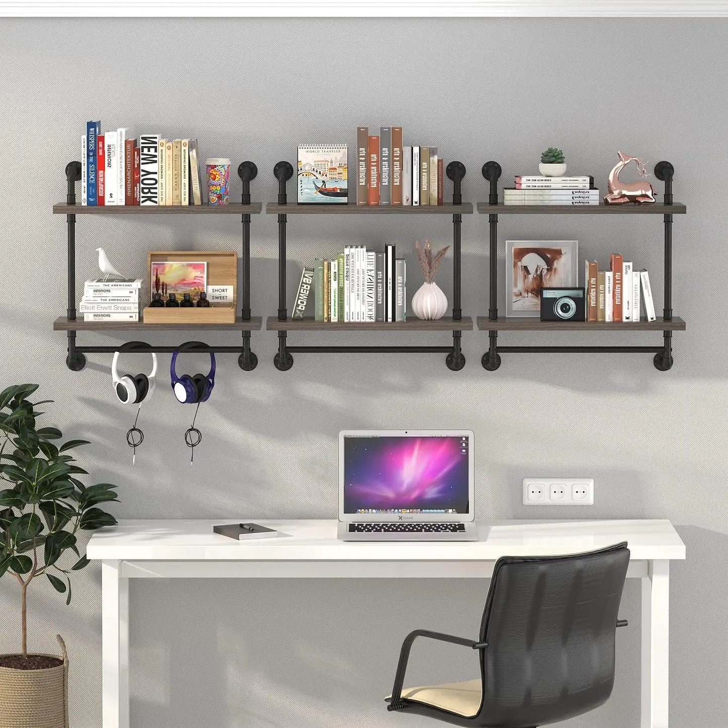 2-Tier Industrial Pipe Floating Shelves with Towel Bar, Wall-Mounted Storage Shelf (Gray, 24 Inch)