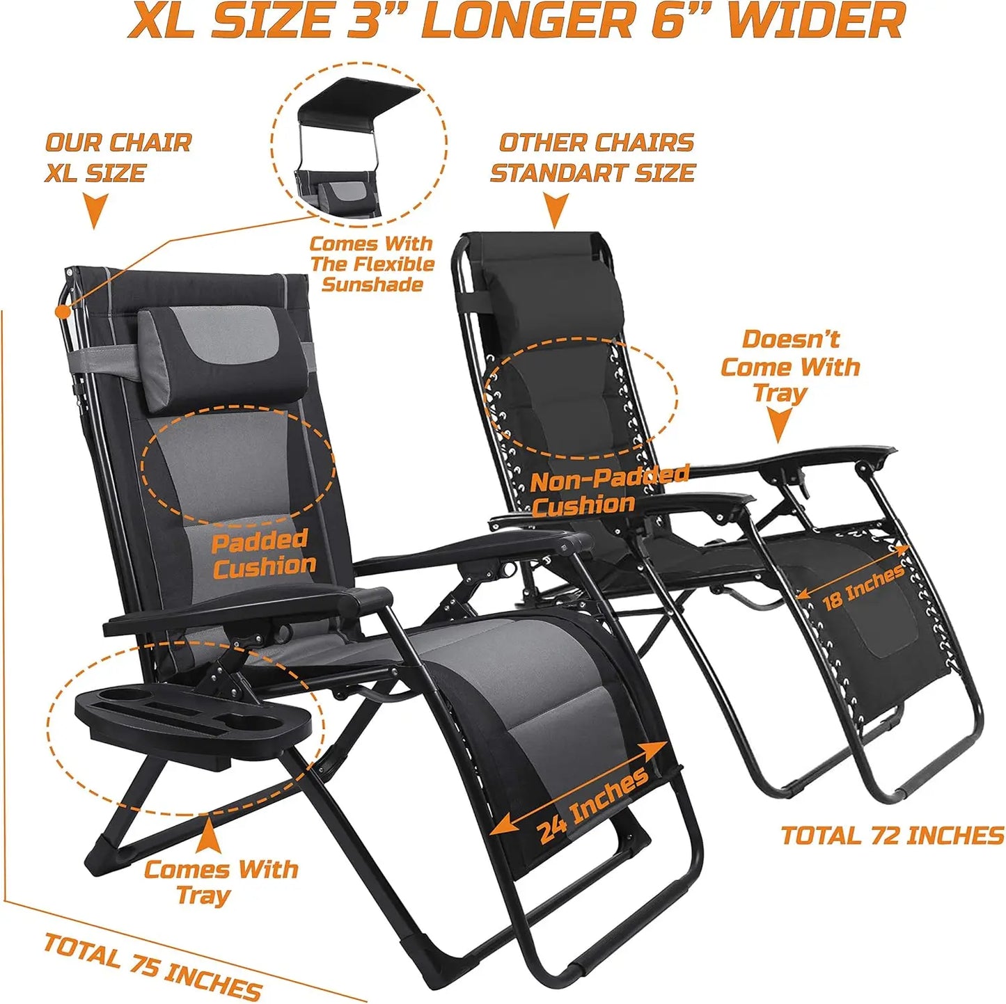 XXL Oversize Recliner Folding, Patio Zero, Gravity Extra Wide Reclining Padded Seats