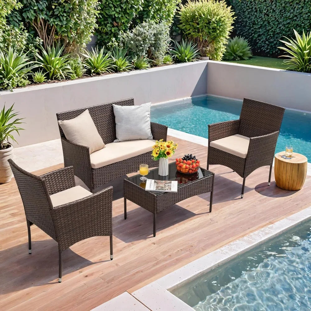 4 Pieces Outdoor Patio Furniture Sets Rattan Chair Wicker Set