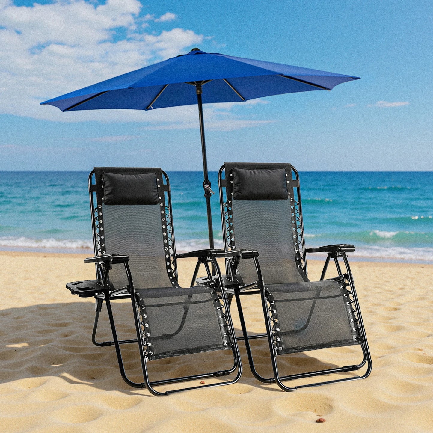 Zero Gravity Set of 2 Portable Recliner Lounge Chair with Cup Holder Trays Adjustable Pillow