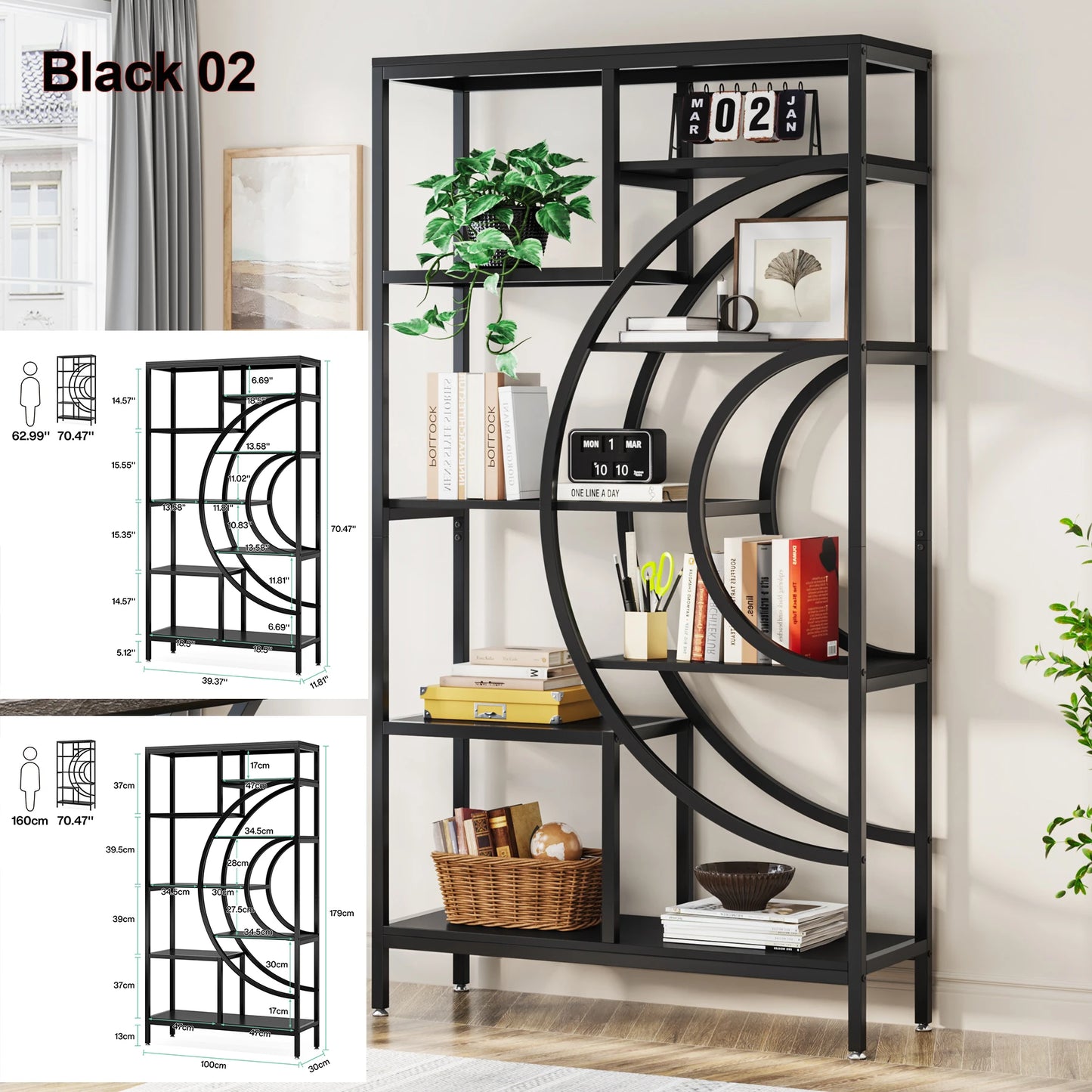 Bookshelf Industrial 5 Tier, Freestanding Tall Shelf Storage Organizer