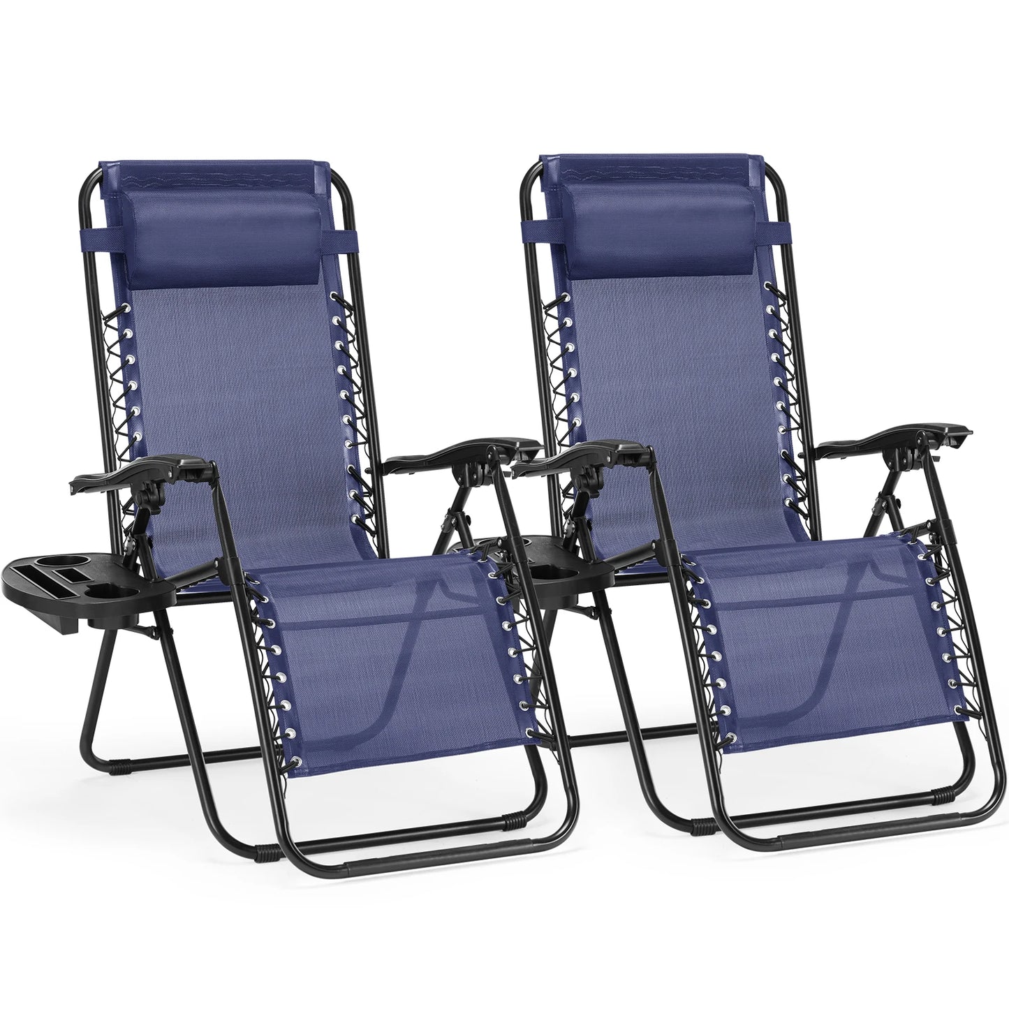 Zero Gravity Set of 2 Portable Recliner Lounge Chair with Cup Holder Trays Adjustable Pillow