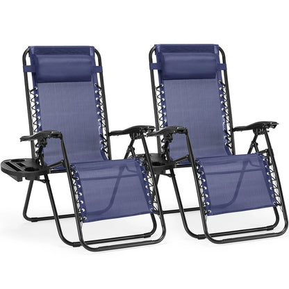 Zero Gravity Set of 2 Portable Recliner Lounge Chair with Cup Holder Trays Adjustable Pillow