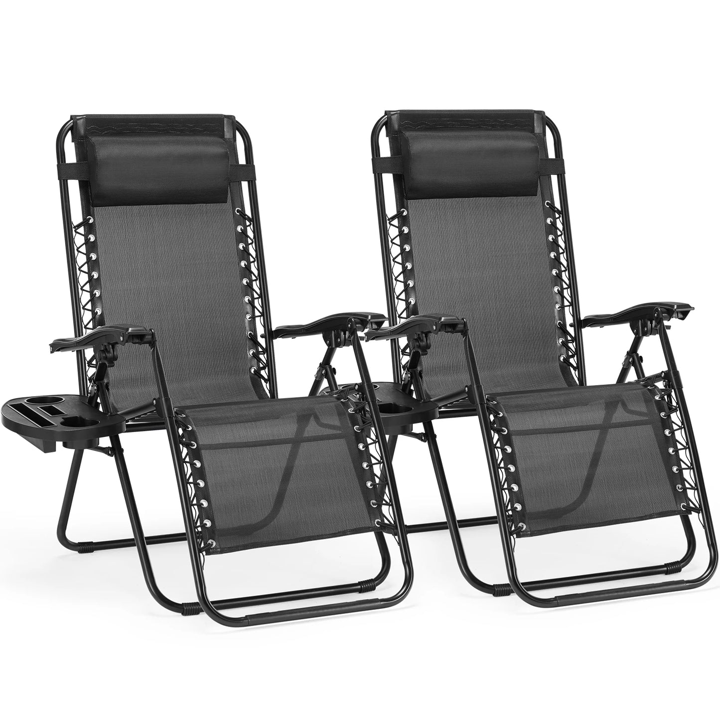 Zero Gravity Set of 2 Portable Recliner Lounge Chair with Cup Holder Trays Adjustable Pillow