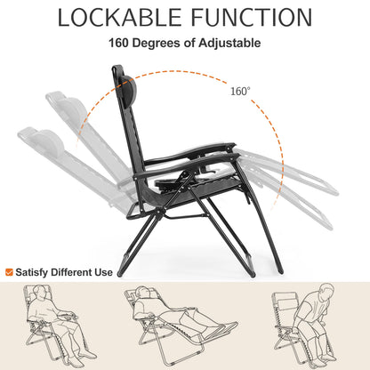 Zero Gravity Set of 2 Portable Recliner Lounge Chair with Cup Holder Trays Adjustable Pillow