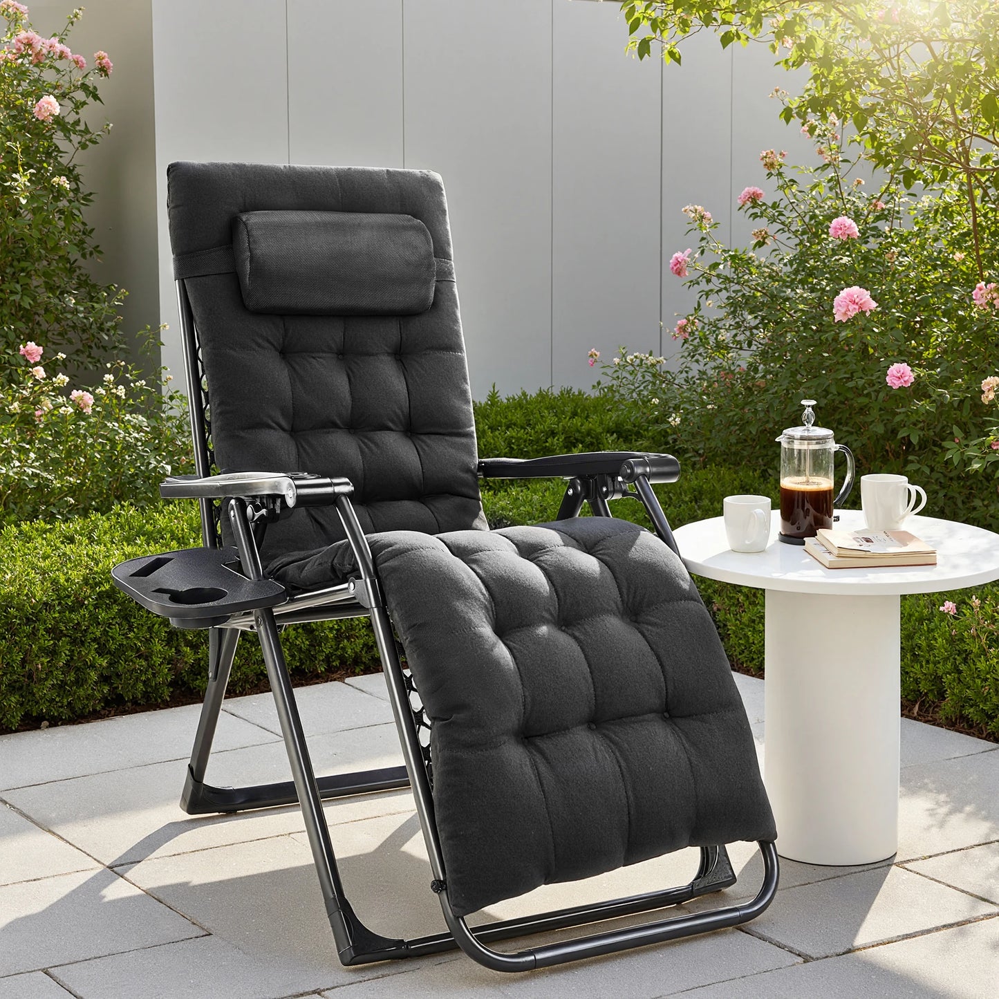 Zero Gravity Set of 2 Portable Recliner Lounge Chair with Cup Holder Trays Adjustable Pillow