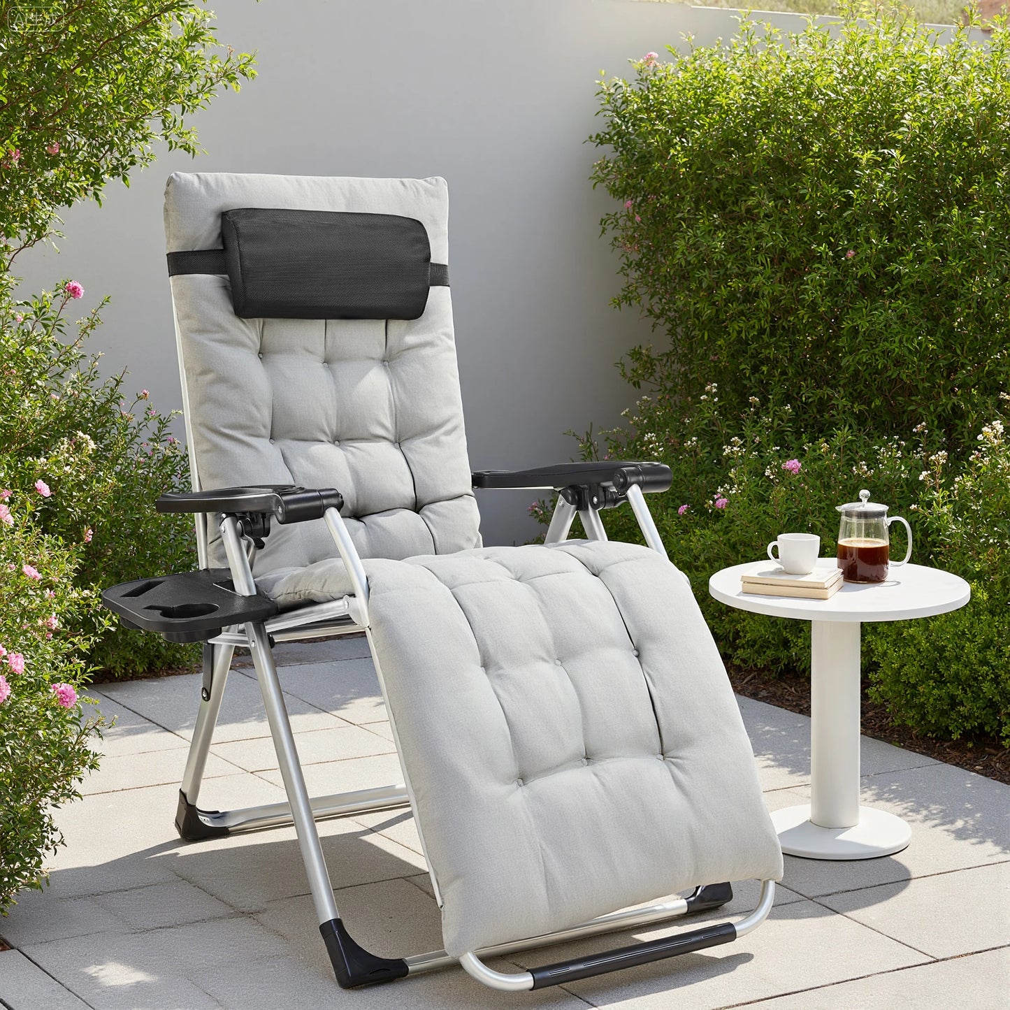 Zero Gravity Set of 2 Portable Recliner Lounge Chair with Cup Holder Trays Adjustable Pillow