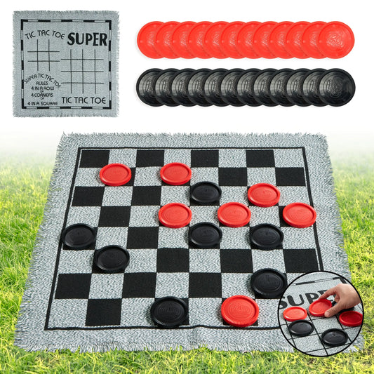 3-in-1 Vintage Giant Checkers Toy for Kids, Tic, Tac, Toe
