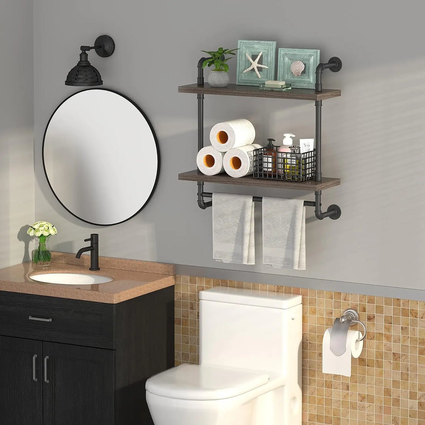 2-Tier Industrial Pipe Floating Shelves with Towel Bar, Wall-Mounted Storage Shelf (Gray, 24 Inch)