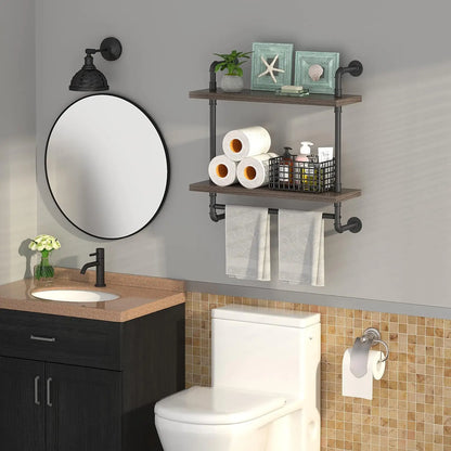 2-Tier Industrial Pipe Floating Shelves with Towel Bar, Wall-Mounted Storage Shelf (Gray, 24 Inch)