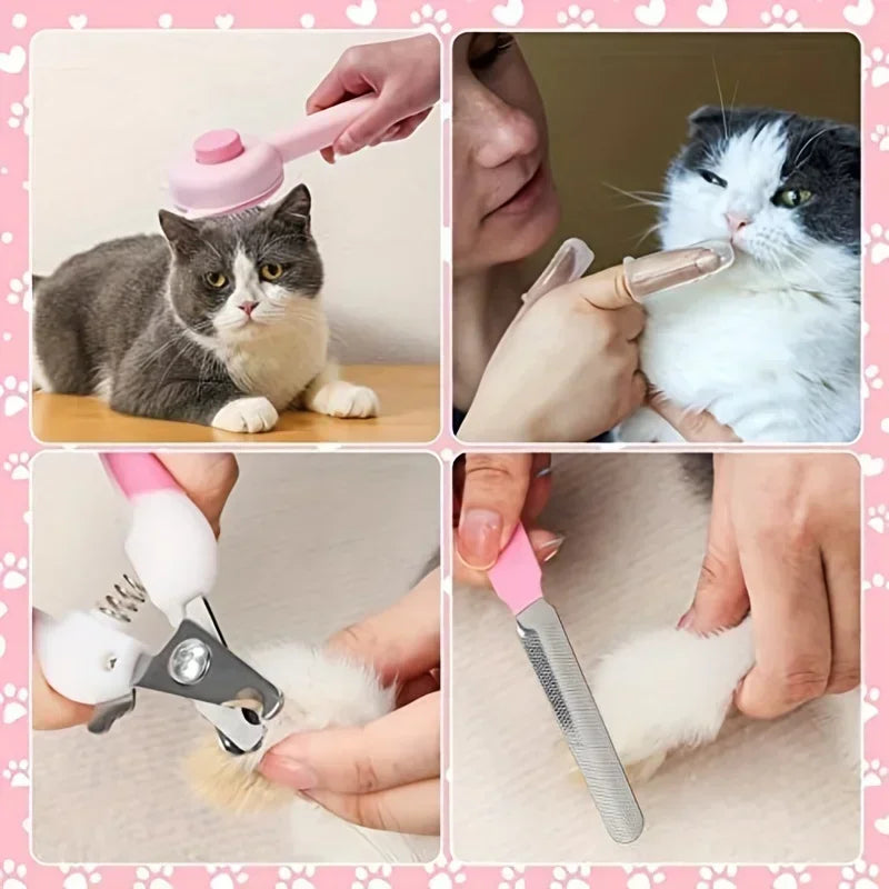 8Pcs Cat Beauty Kit with Pet Nail Clippers ,File, Flea Comb, Brush & More