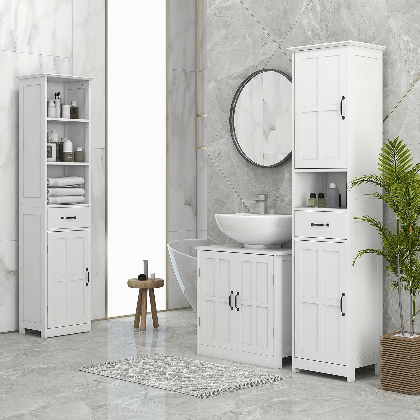 Slim Bathroom Storage Cabinet, Linen Tower with Open Shelf, Drawer, Recessed Doors