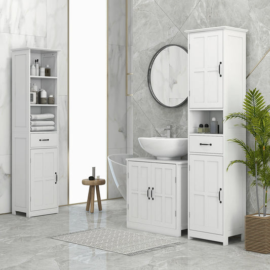 Slim Bathroom Storage Cabinet, Linen Tower with Open Shelf, Drawer, Recessed Doors
