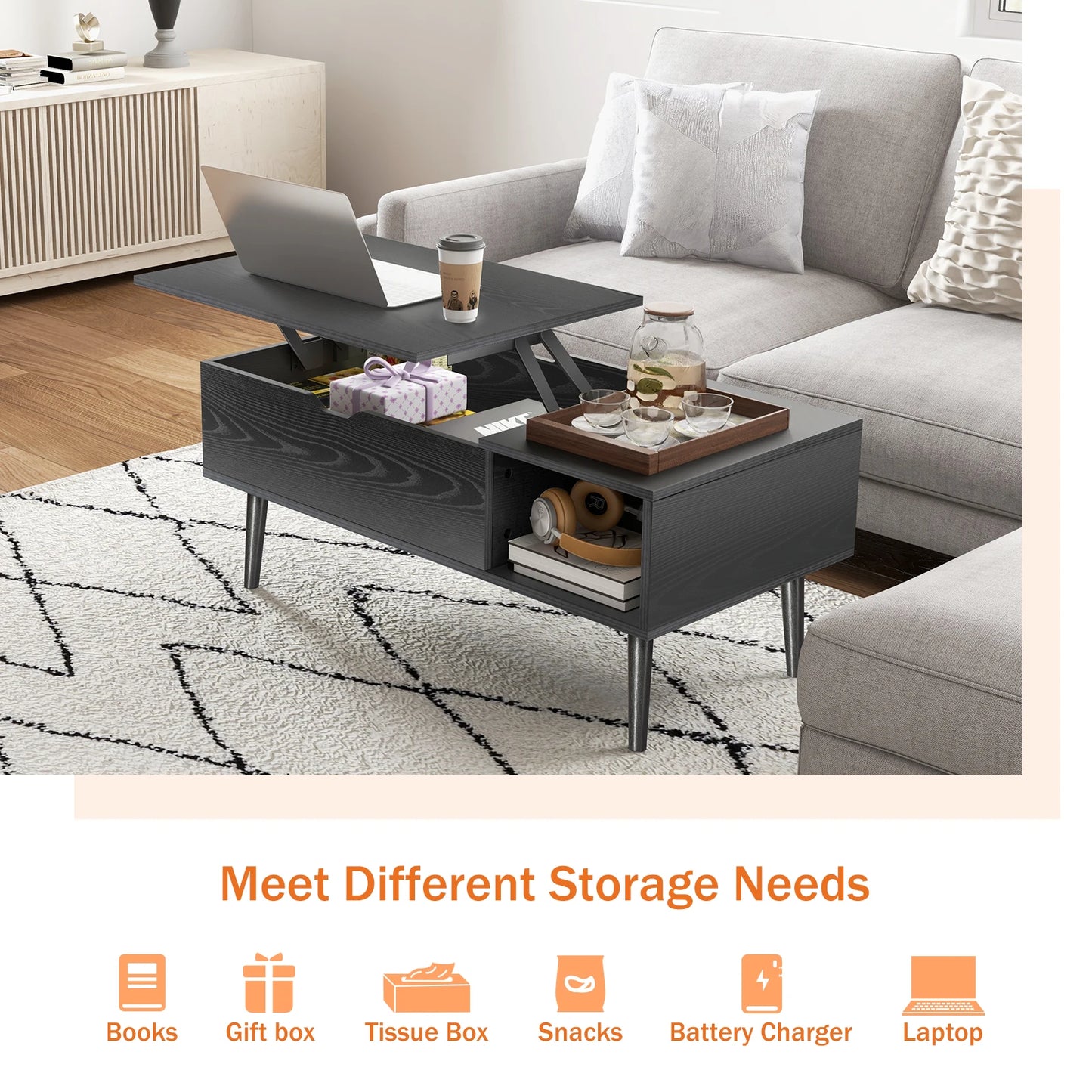 Lift Top Coffee Tables For Living Room 39.37"x19.7" Tea Wood Dining Table with storage