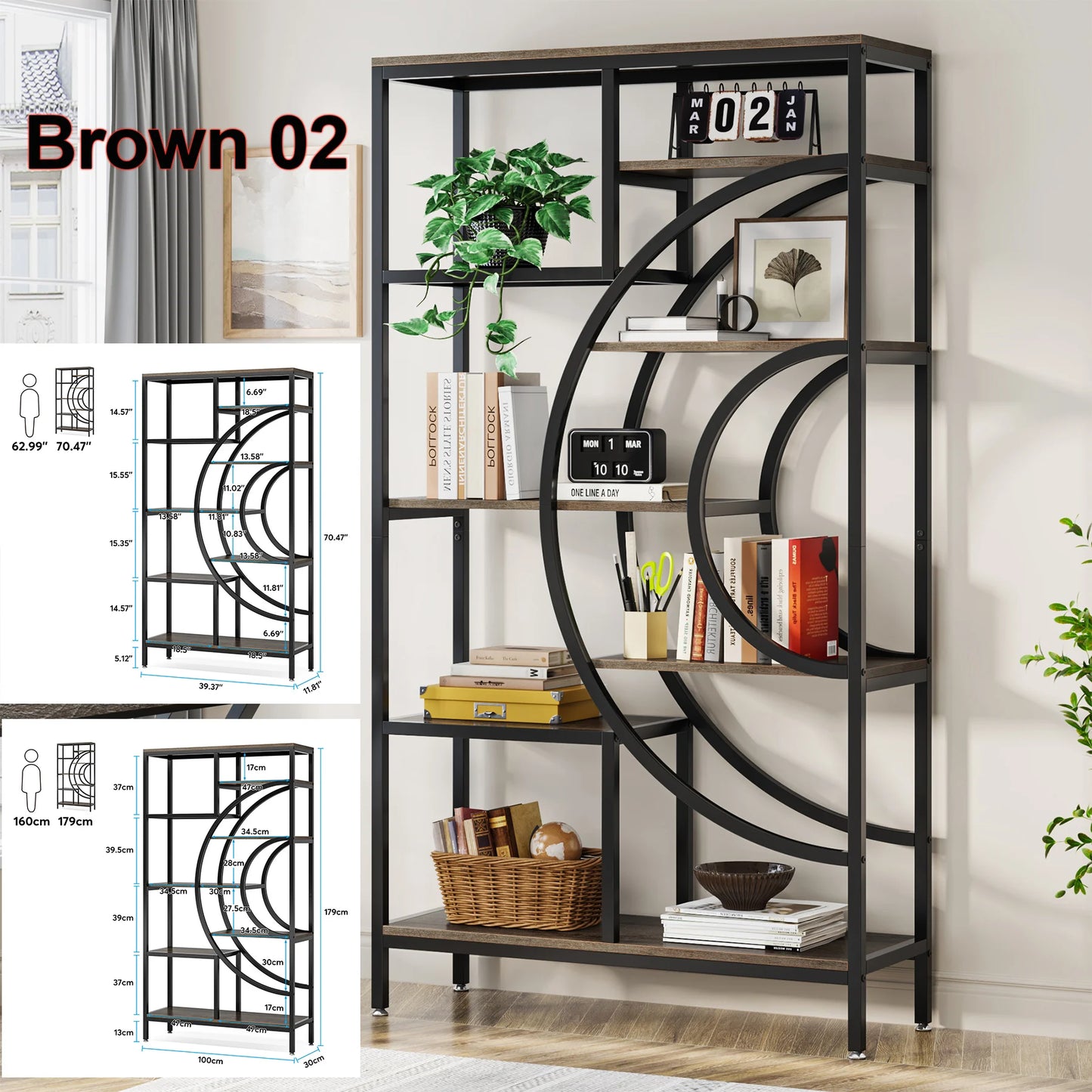 Bookshelf Industrial 5 Tier, Freestanding Tall Shelf Storage Organizer