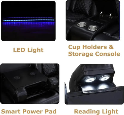 Power Recliner Sofa Set, Black Leather 3 Pieces Sectional Couch, Living Room Furniture Sets with LED Light