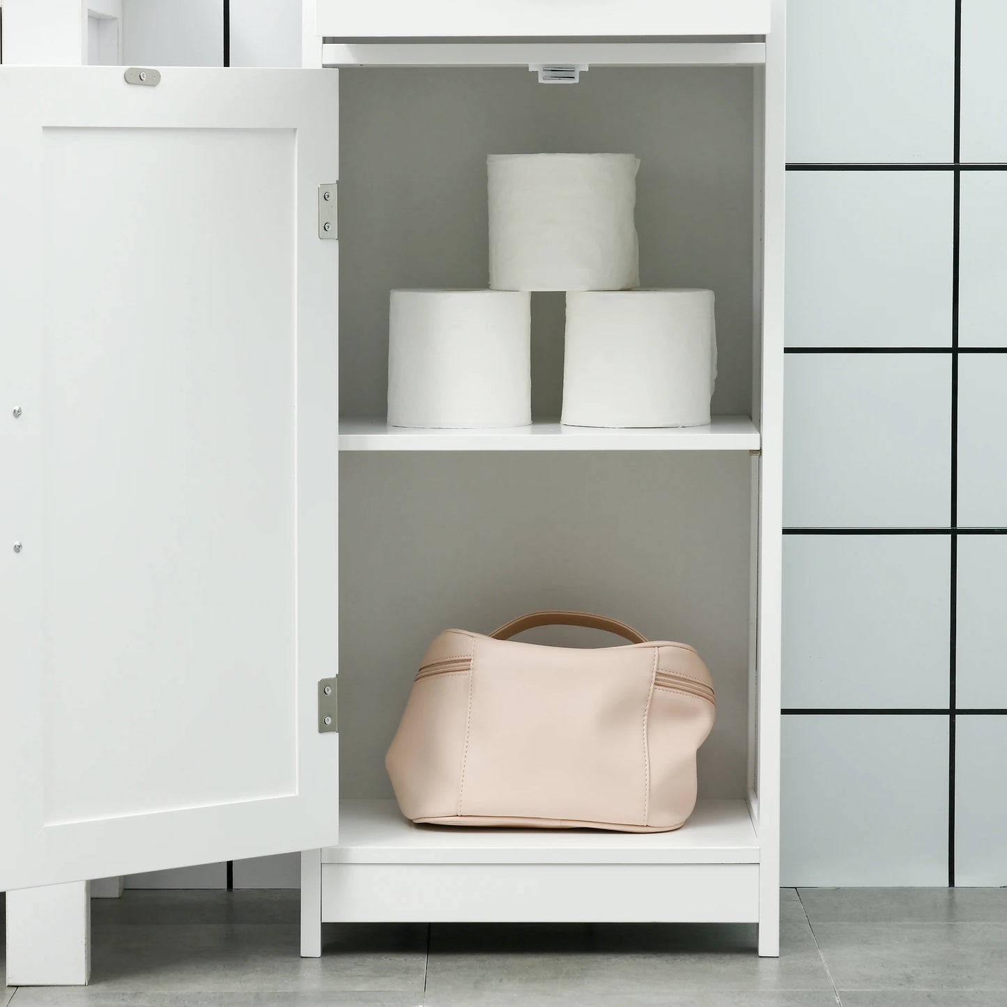 Slim Bathroom Storage Cabinet, Linen Tower with Open Shelf, Drawer, Recessed Doors