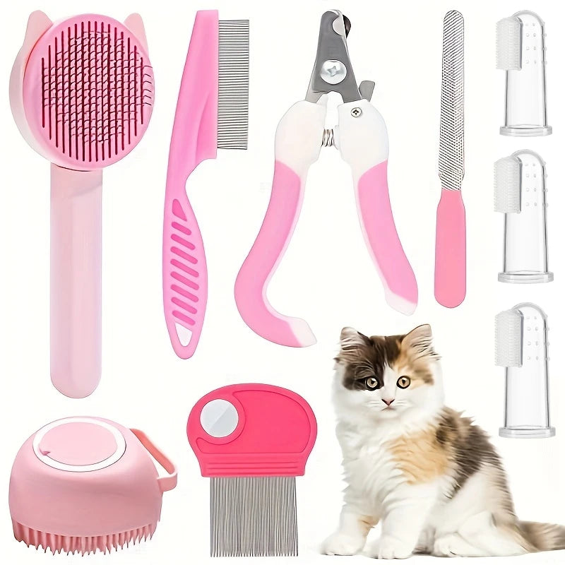 8Pcs Cat Beauty Kit with Pet Nail Clippers ,File, Flea Comb, Brush & More