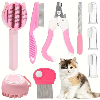 8Pcs Cat Beauty Kit with Pet Nail Clippers ,File, Flea Comb, Brush & More