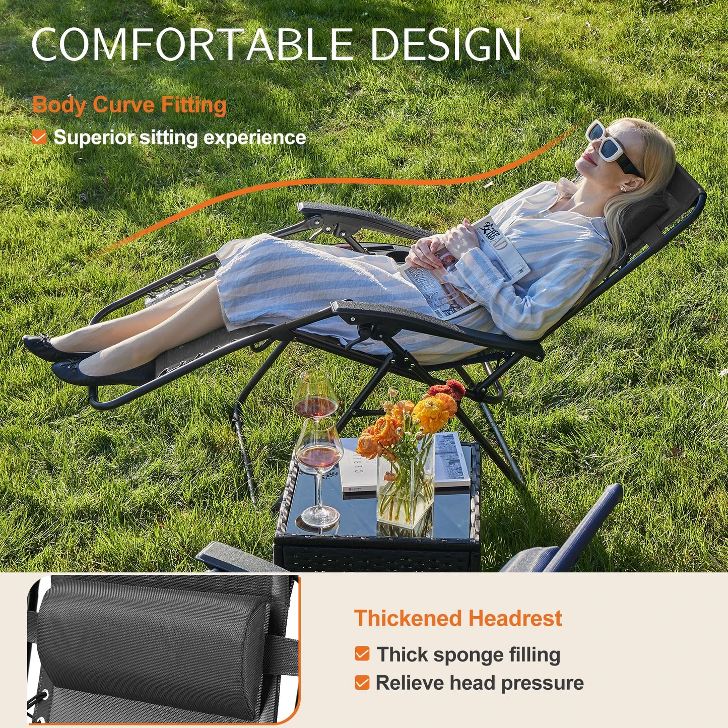 Zero Gravity Set of 2 Portable Recliner Lounge Chair with Cup Holder Trays Adjustable Pillow