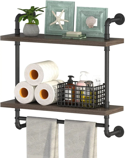 2-Tier Industrial Pipe Floating Shelves with Towel Bar, Wall-Mounted Storage Shelf (Gray, 24 Inch)