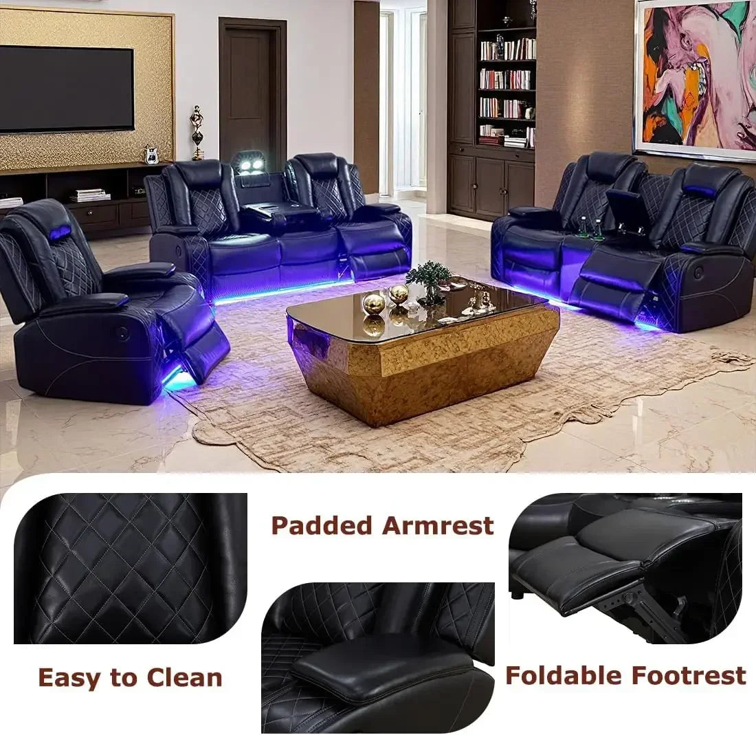Power Recliner Sofa Set, Black Leather 3 Pieces Sectional Couch, Living Room Furniture Sets with LED Light