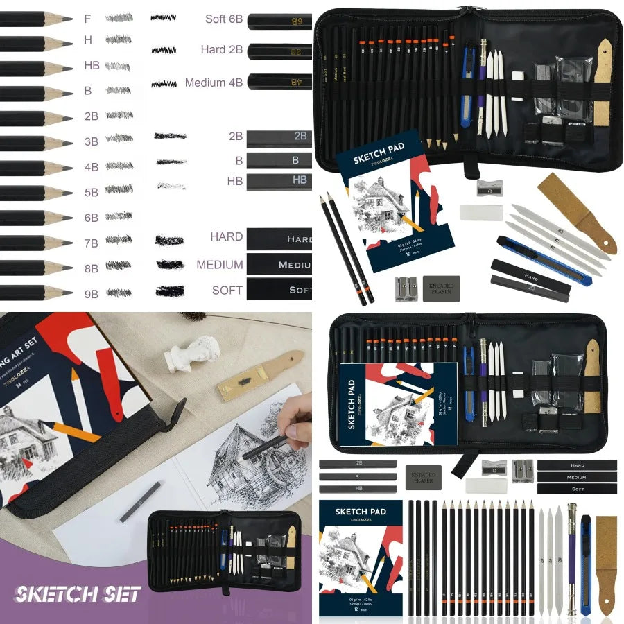Drawing Art Pencils Set 34 Pack Professional Drawing and Sketch Pencil Set with bag