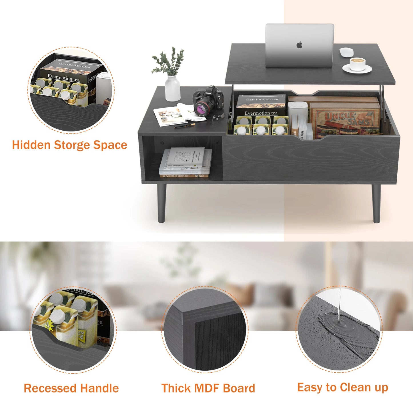 Lift Top Coffee Tables For Living Room 39.37"x19.7" Tea Wood Dining Table with storage