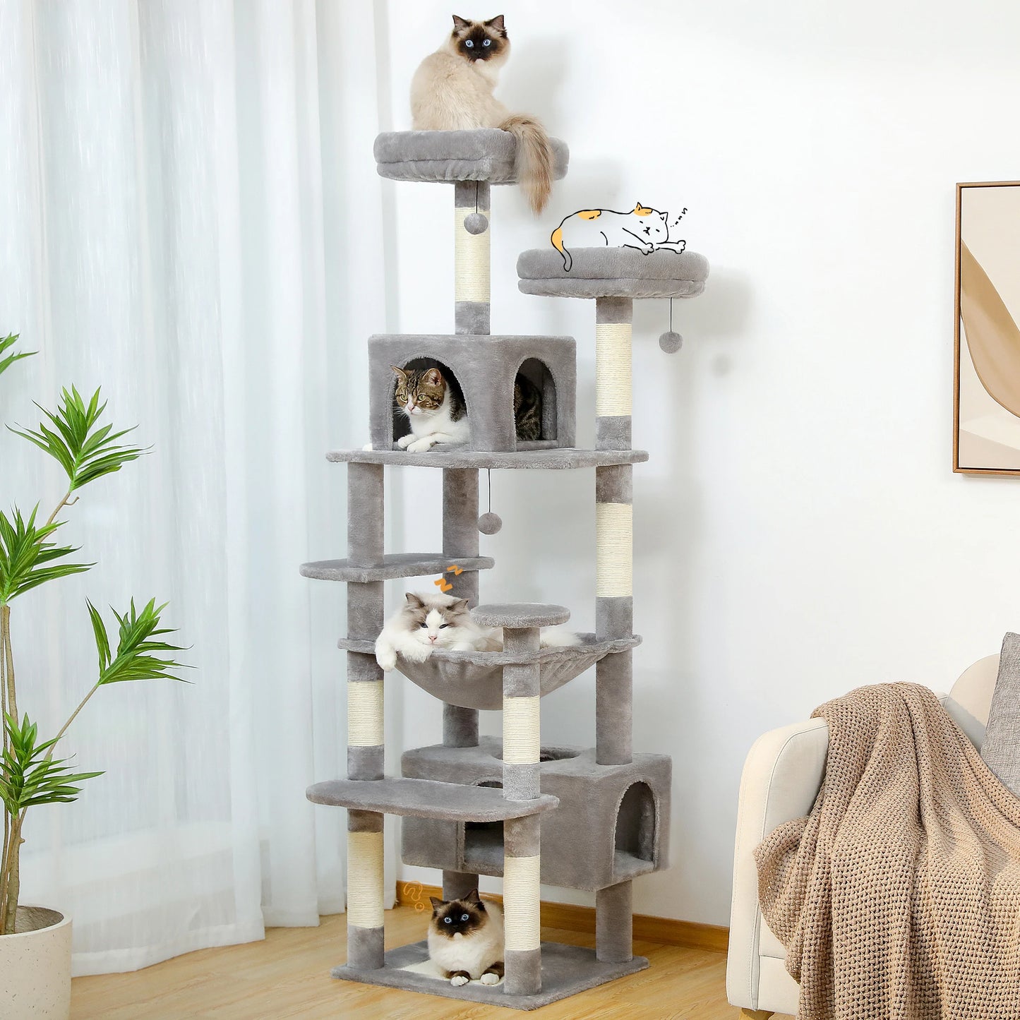 Large Cat Tree with Scratching Posts, Hammock & Condos