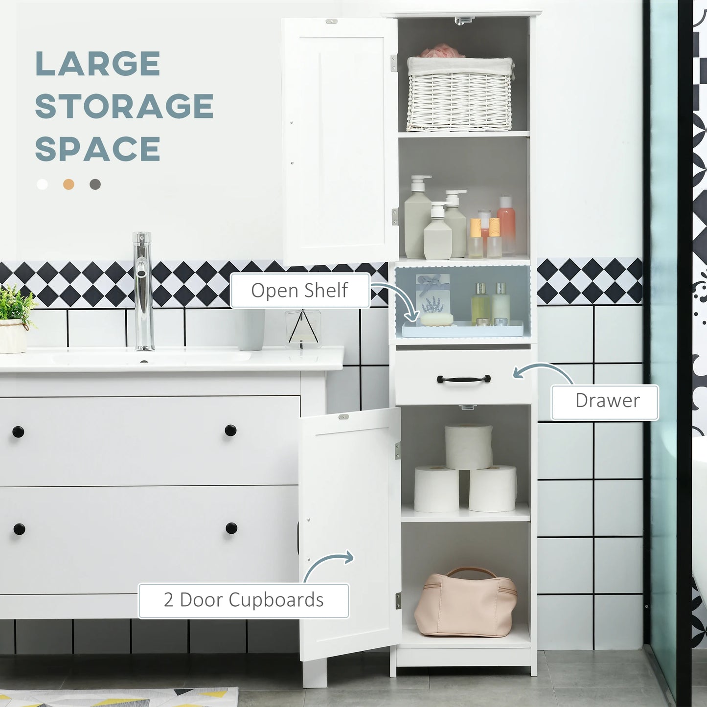 Slim Bathroom Storage Cabinet, Linen Tower with Open Shelf, Drawer, Recessed Doors