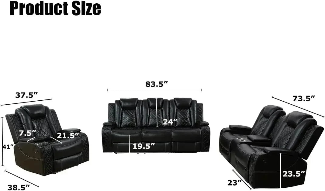 Power Recliner Sofa Set, Black Leather 3 Pieces Sectional Couch, Living Room Furniture Sets with LED Light
