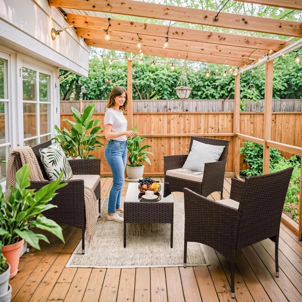 4 Pieces Outdoor Patio Furniture Sets Rattan Chair Wicker Set