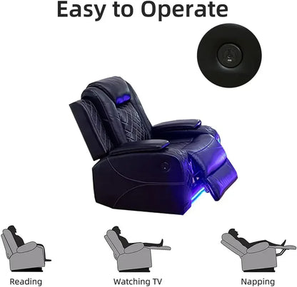 Power Recliner Sofa Set, Black Leather 3 Pieces Sectional Couch, Living Room Furniture Sets with LED Light
