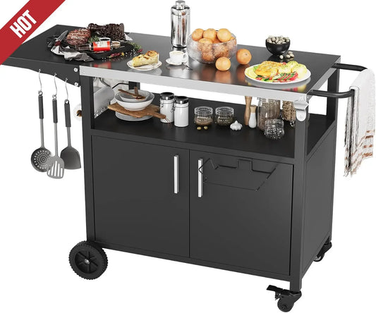 Outdoor Grill Cart with Storage, Table with Wheels, Pizza Oven Stand on wheels