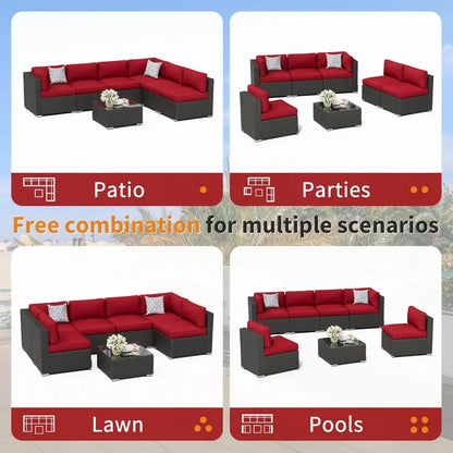7-Piece Outdoor Patio Furniture Sofa Set Black Rattan Wicker Sectional Conversation Sets with Glass Top Table and Cushions(Red)