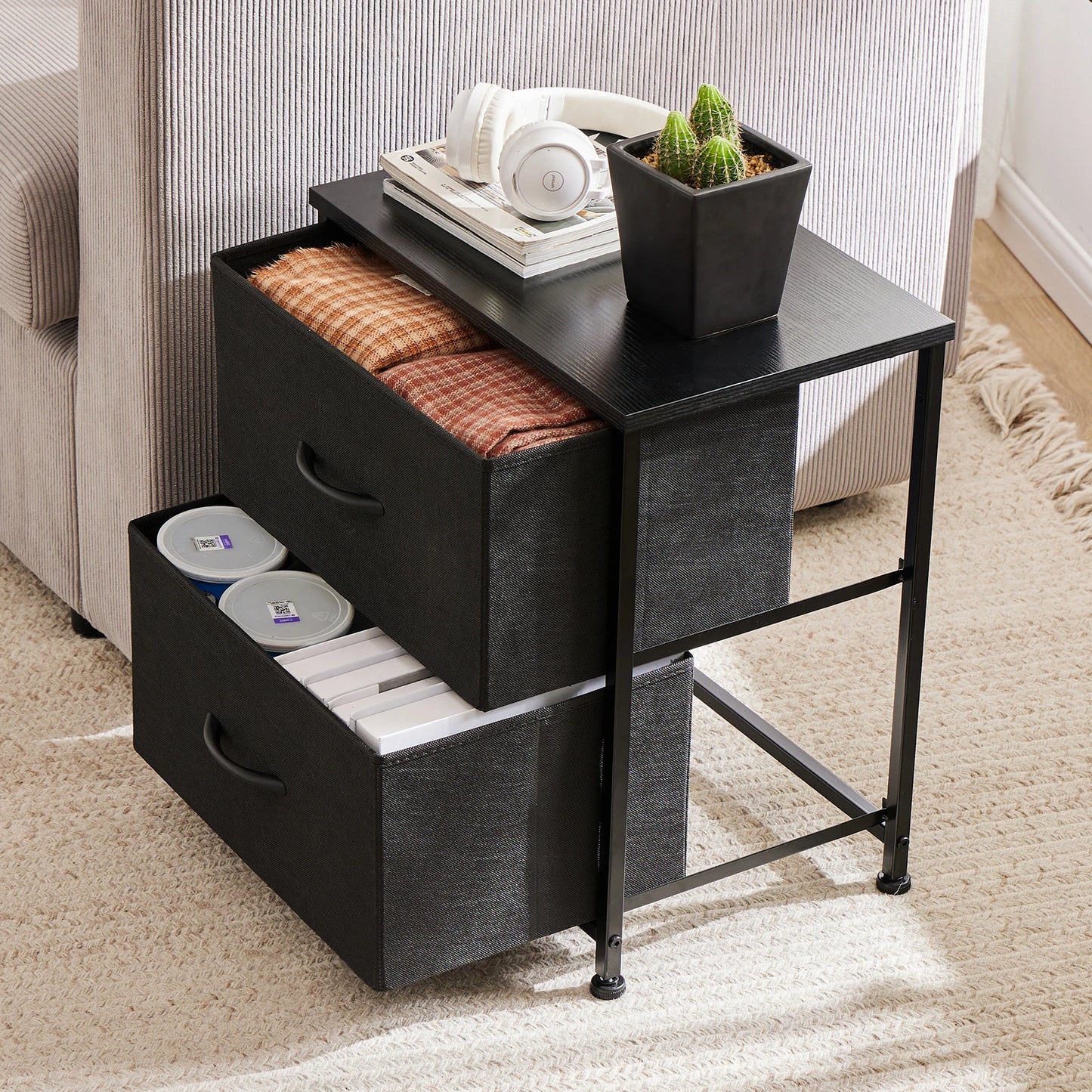 Nightstand Bedside 2 Fabric Drawer Lightweight