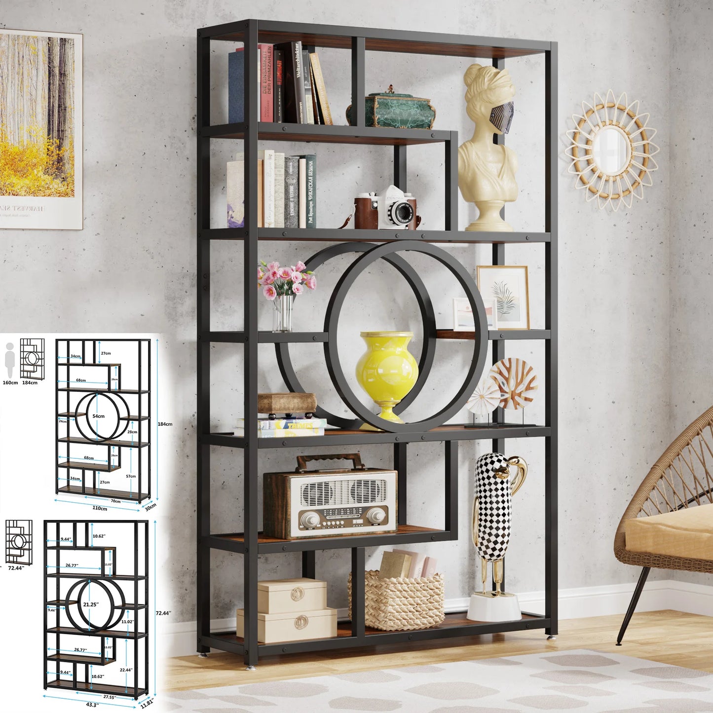 Bookshelf Industrial 5 Tier, Freestanding Tall Shelf Storage Organizer