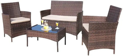4 Pieces Outdoor Patio Furniture Sets Rattan Chair Wicker Set