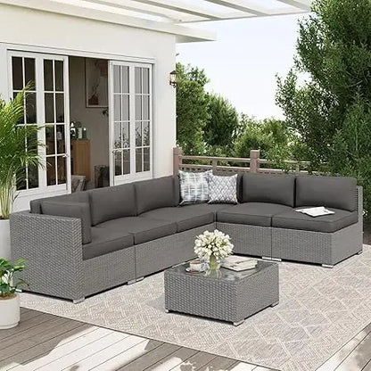 7-Piece Outdoor Patio Furniture Sofa Set Black Rattan Wicker Sectional Conversation Sets with Glass Top Table and Cushions(Red)