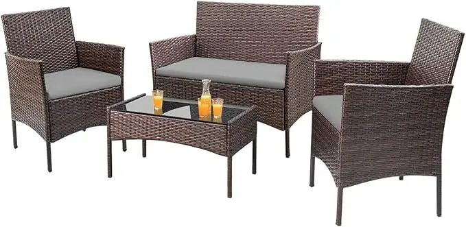 4 Pieces Outdoor Patio Furniture Sets Rattan Chair Wicker Set
