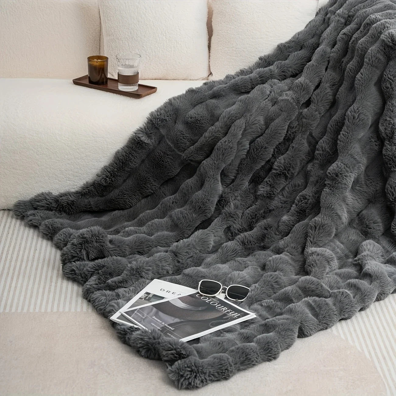 1 PC Faux Rabbit Fur ,Luxury Soft, Warm Bubble Blanket Cozy Throw,6lbs