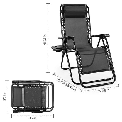 Zero Gravity Set of 2 Portable Recliner Lounge Chair with Cup Holder Trays Adjustable Pillow