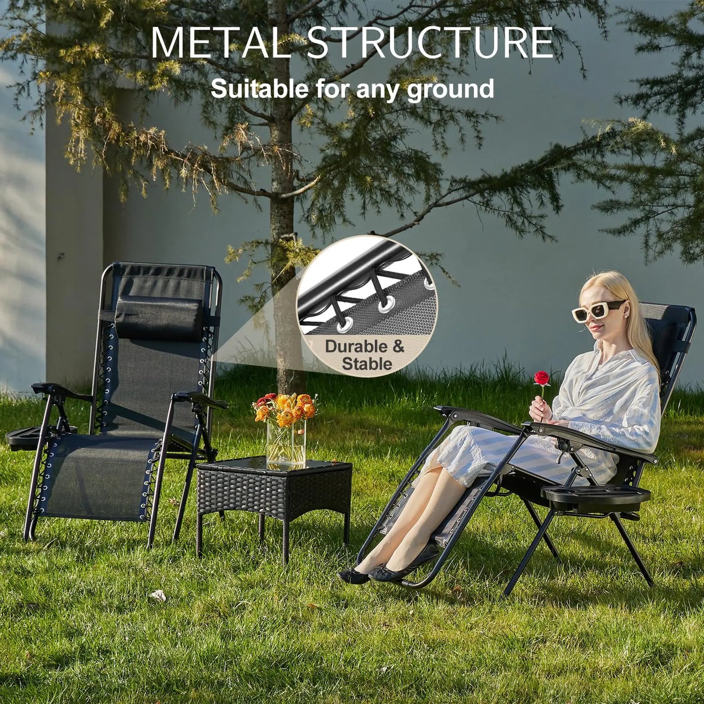 Zero Gravity Set of 2 Portable Recliner Lounge Chair with Cup Holder Trays Adjustable Pillow