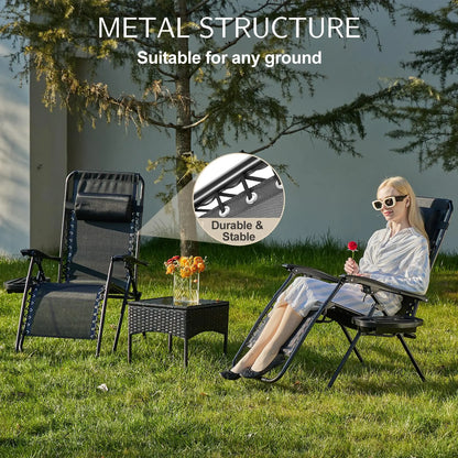 Zero Gravity Set of 2 Portable Recliner Lounge Chair with Cup Holder Trays Adjustable Pillow