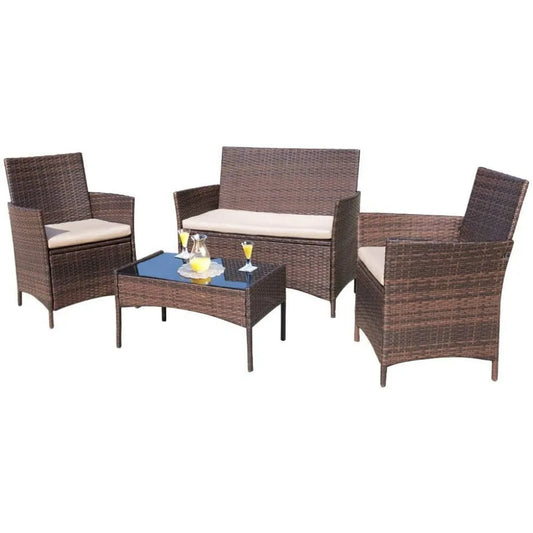 4 Pieces Outdoor Patio Furniture Sets Rattan Chair Wicker Set