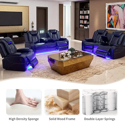 Power Recliner Sofa Set, Black Leather 3 Pieces Sectional Couch, Living Room Furniture Sets with LED Light