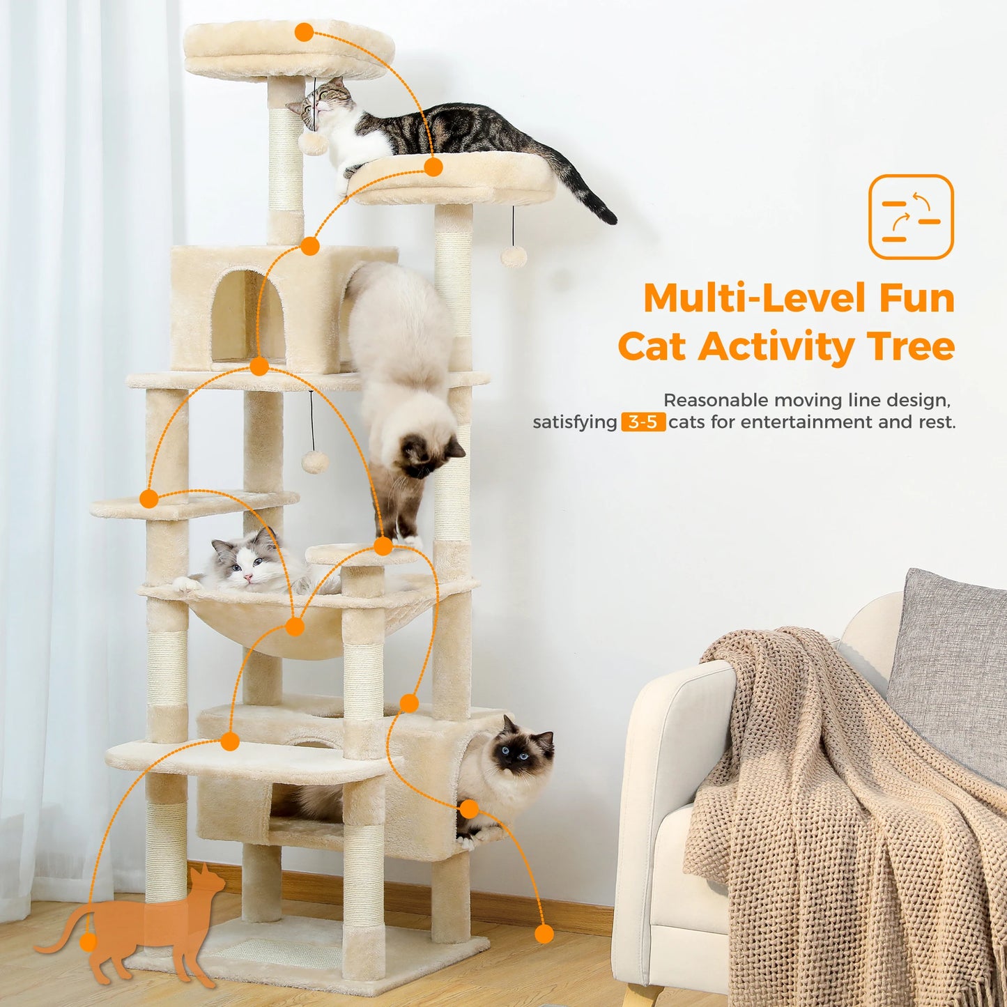 Large Cat Tree with Scratching Posts, Hammock & Condos