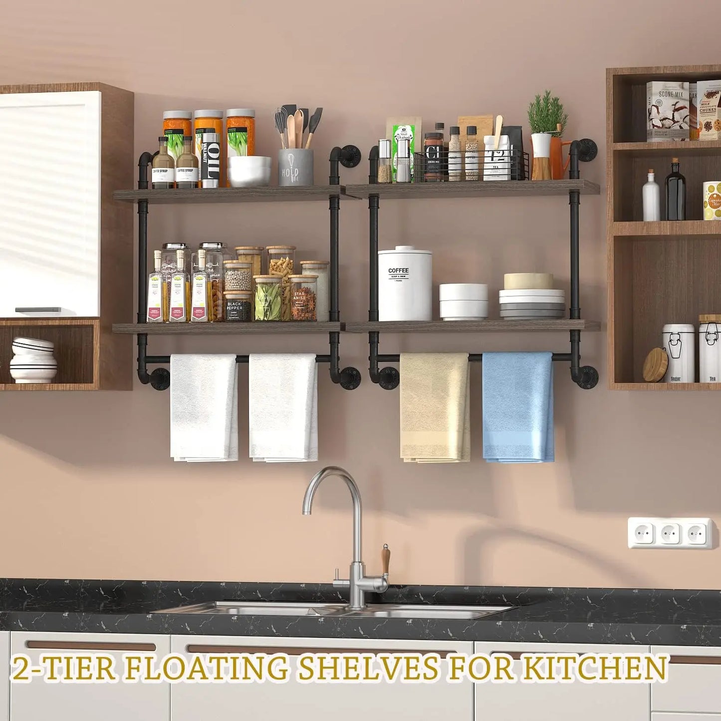 2-Tier Industrial Pipe Floating Shelves with Towel Bar, Wall-Mounted Storage Shelf (Gray, 24 Inch)